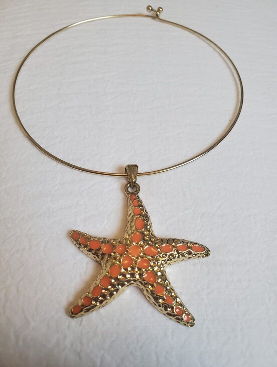 Jewelry - Gold-tone Starfish Pendant Choker Necklace with Gold-tone & Coral Enamel Accents